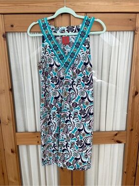 Tracy Negoshian Teal Paisley V-Neck Shift Dress